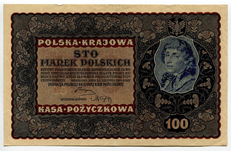 Poland 100 Marek 1919
P# 27, N# 207473; Series IG # P 166868; VF-XF