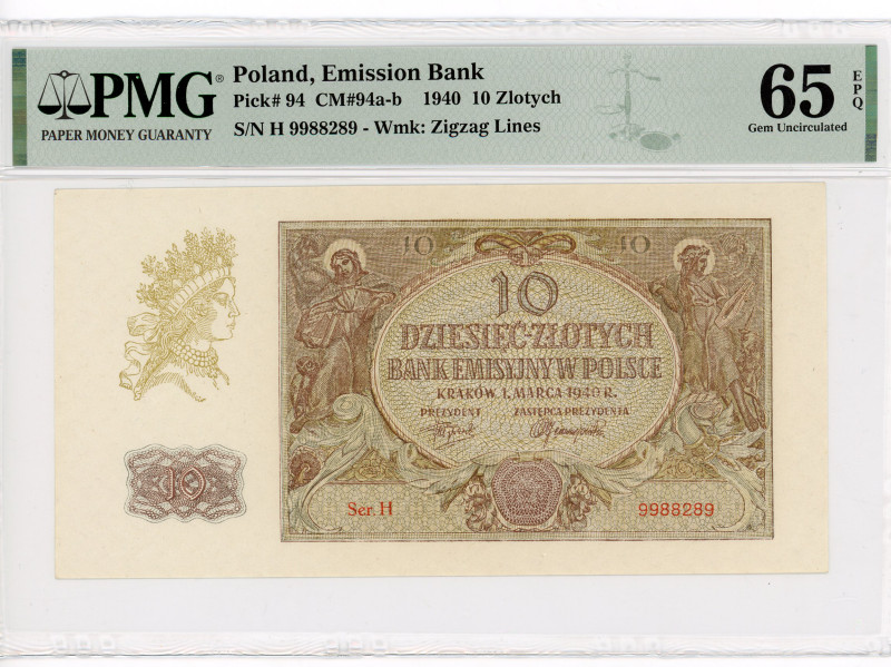 Poland 10 Zlotych 1940 PMG 65 EPQ
P# 94, N# 207504; # H 9988289; German Occupat...