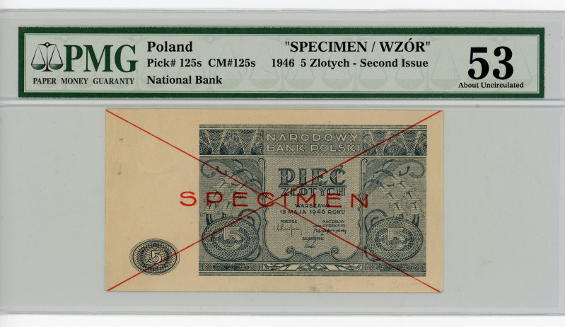 Poland 5 Zlote 1946 Specimen PMG 53
P# 125s, N# 207531