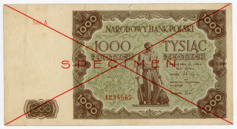 Poland 1000 Zlotych 1947 Specimen
P# 133s, N# 344165; # Ser. A; XF, Tear