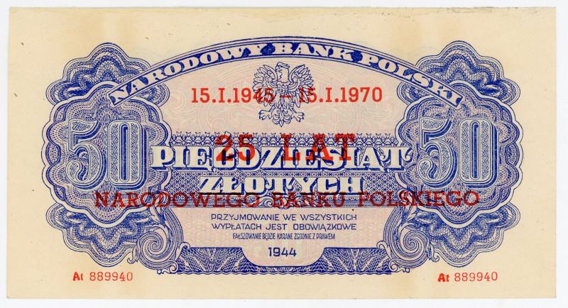 Poland 50 Zlotych 1944 - 1970 Specimen Overprint 25 Lat Narodowego Banku Polskie...