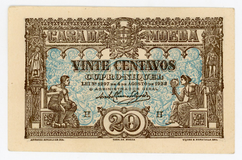 Portugal 20 Centavos 1922
P# 100, N# 209228; XF+