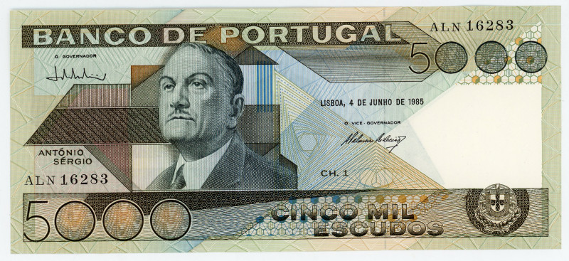 Portugal 5000 Escudos 1985
P# 182d, N# 205139; # ALN16283; UNC