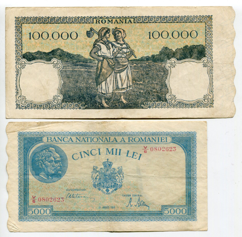 Romania 5000 - 100000 Lei 1945 - 1946
P# 56a, 58a, VF