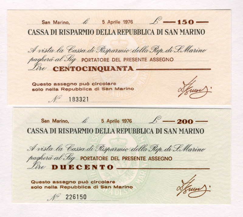 San Marino 150 - 200 Lire 1976
P# S101, S102, # 183321, 226150; Cassa di Risoar...