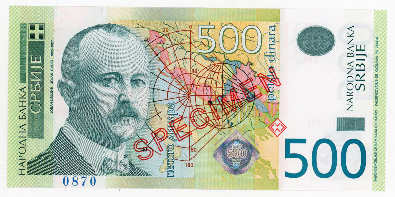 Serbia 500 Dinara 2007 Specimen
P# 51s, N# 204274; # AA0000000, # 0870; UNC