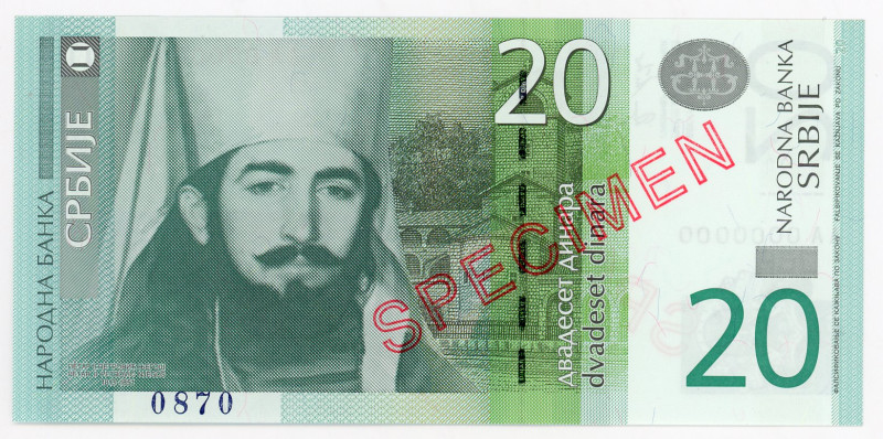 Serbia 20 Dinara 2011 Specimen
P# 55s, N# 204326; # AA0000000, # 0870; UNC