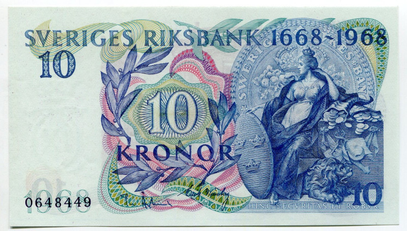 Sweden 10 Kronor 1968
P# 56a, N# 202674; # 0648449; 300th Anniversary of Sverig...