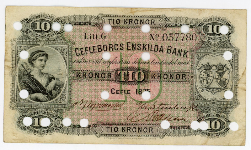 Sweden 10 Kronor 1875 Cancelled Note
P# S180, #057780; Very rare; VF