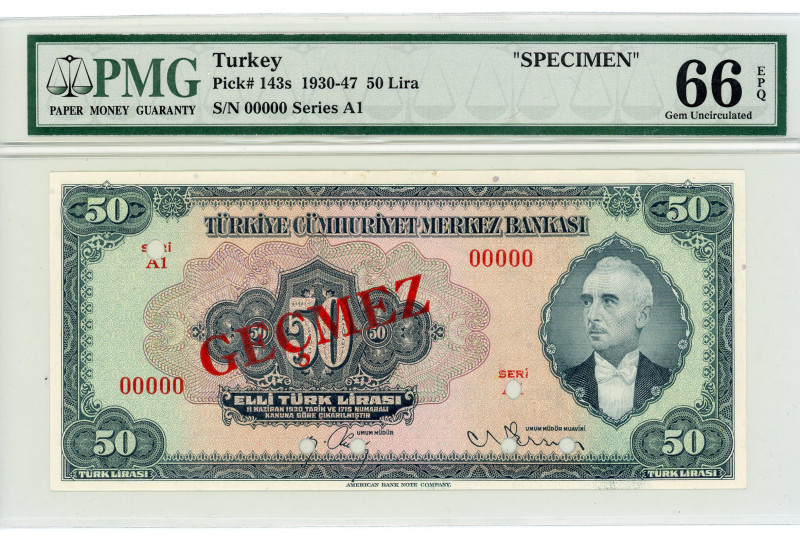 Turkey 50 Lira 1930 (1947) Specimen PMG 66
P# 143s, N# 285413