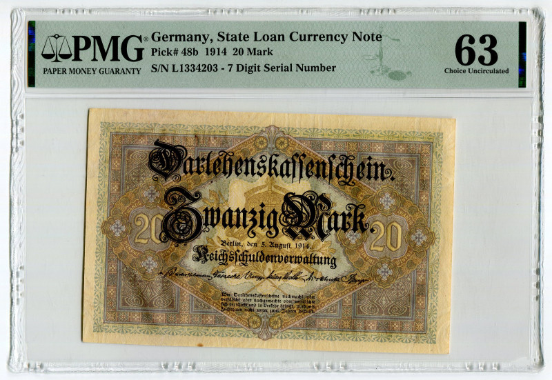 Germany - Empire 20 Mark 1914 PMG 63EPQ
P# 48b, N# 206187; # L1334203