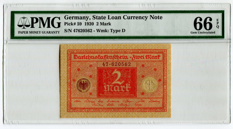 Germany - Weimar Republic 2 Mark 1920 PMG 66EPQ
P# 59, N# 203574; # 47620562