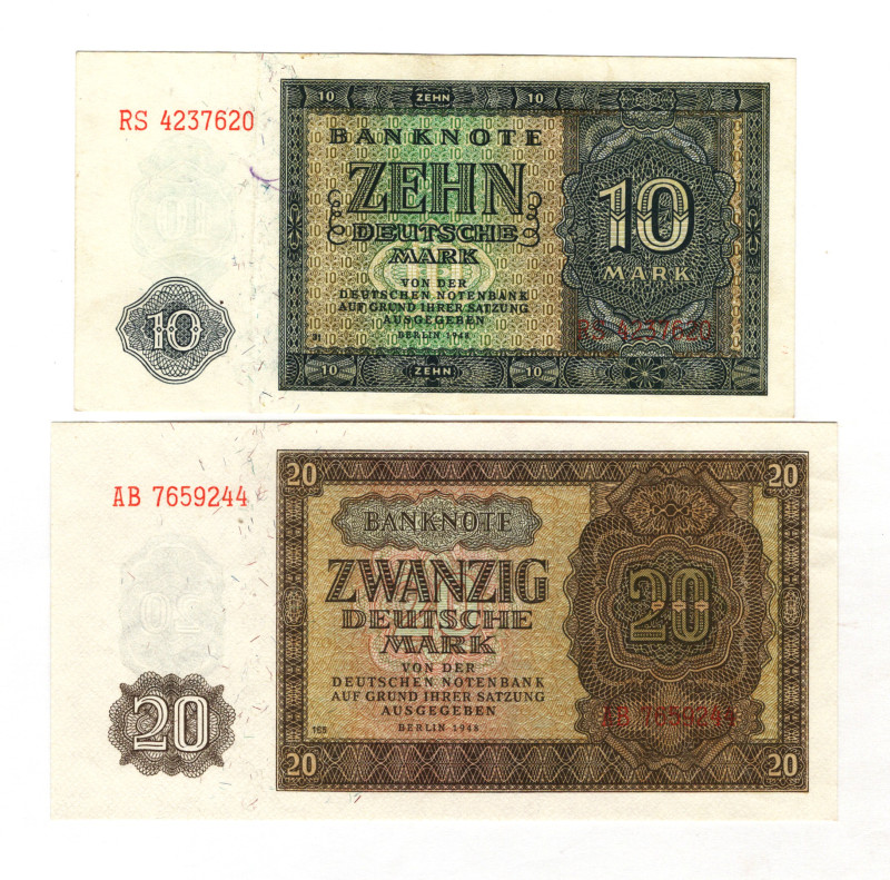 Germany - DDR 10 - 20 Deutsche Mark 1948
P# 12b, # RS4237620, # AB 7659244; XF-...