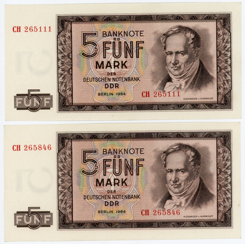 Germany - DDR 2 x 5 Mark 1964
P# 22a, N# 206357; # CH265111, CH265846; UNC