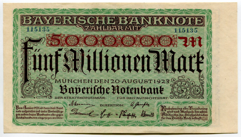 Germany - Weimar Republic Bayerische Notenbank 5 Millionen Mark 1923
P# S932, N...