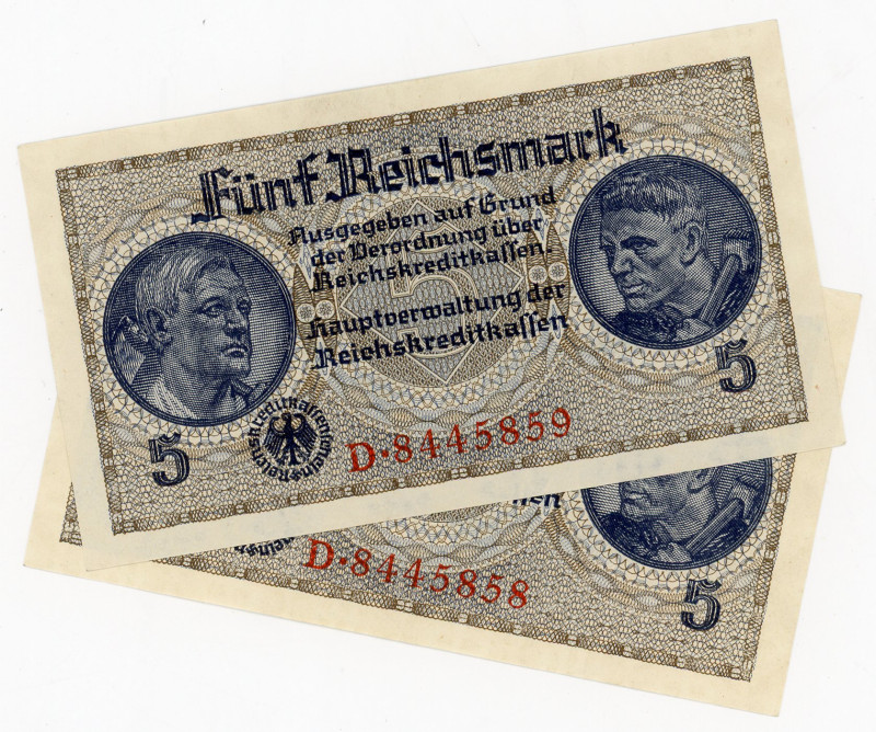 Germany - Third Reich 2 x 5 Reichsmark 1940 - 1945 (ND) With Consecutive Numbers...