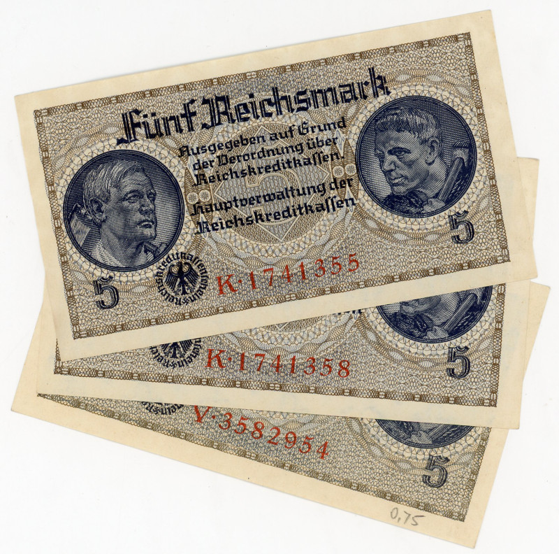 Germany - Third Reich 3 x 5 Reichsmark 1940 - 1945 (ND)
P# R138a, N# 203665; # ...