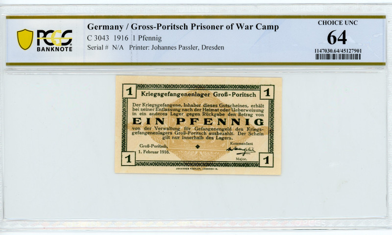 Germany - Empire Gross-Portitsch 1 Pfenning 1916 PCGS 64 POW Camp
C 3043