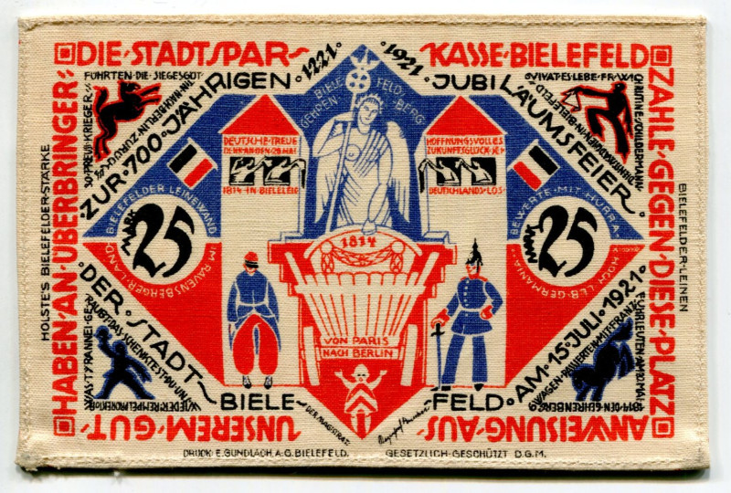 Germany - Weimar Republic Bielefeld 25 Mark 1921 Stoffgeld
Grabowski# 18c (with...