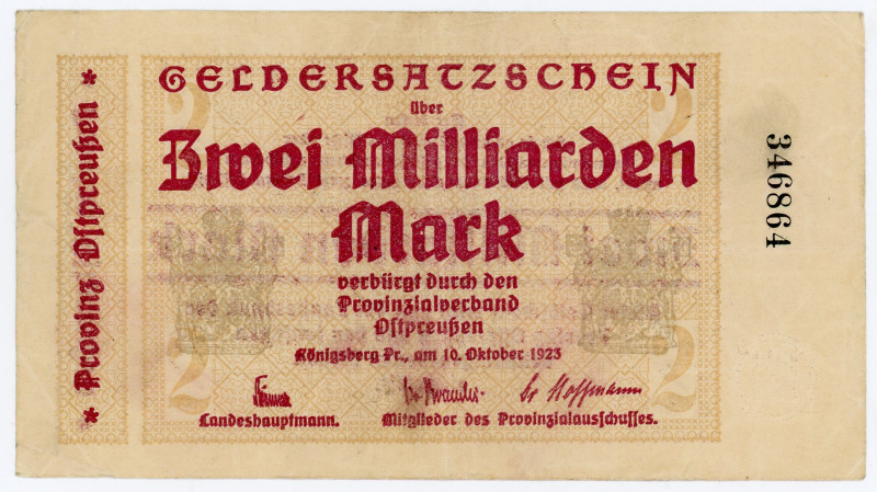 Germany - Weimar Republic Konigsberg 2 Milliard Mark 1923
# 346864; VF