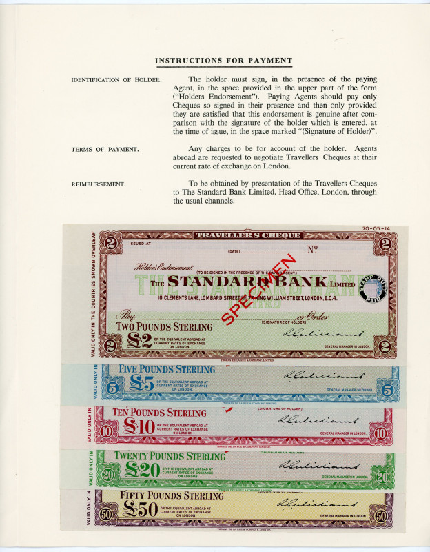 Great Britain Standard Bank Limited Travel Checks 2 - 5 - 10 - 20 - 50 Pounds 19...