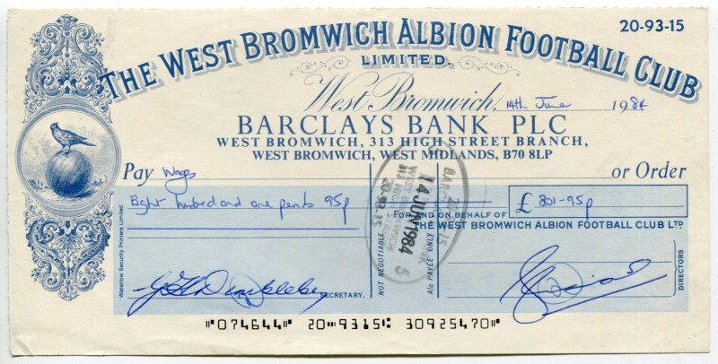 Great Britain West Bromwich Albion Football Club Ltd Check for 801.95 Pounds 198...