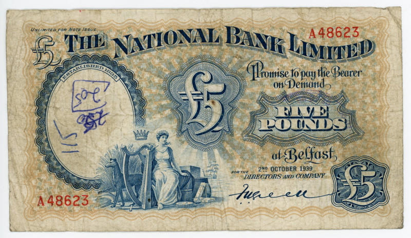 Northern Ireland 5 Pounds 1939
P# 156a, # A48623; VG-F