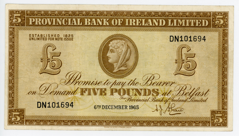 Northern Ireland 5 Pounds 1965
P# 244, N# 222902; #DN101694; Provincial Bank of...