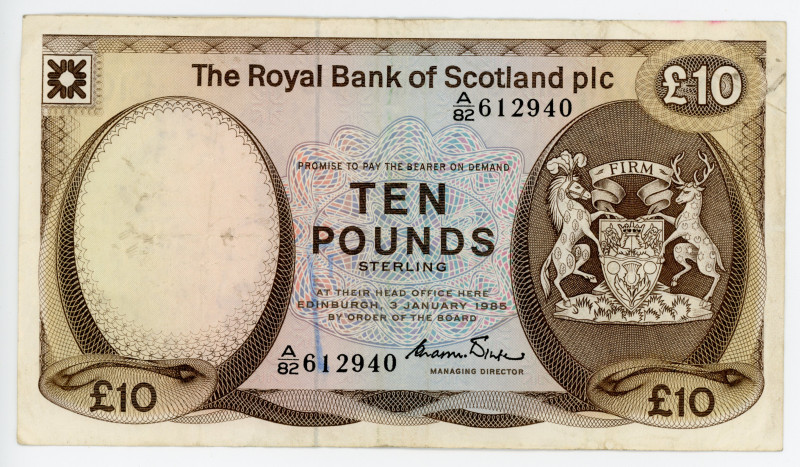 Scotland 10 Pounds 1985
P# 343a, N# 224541; #A/82 612940; VF