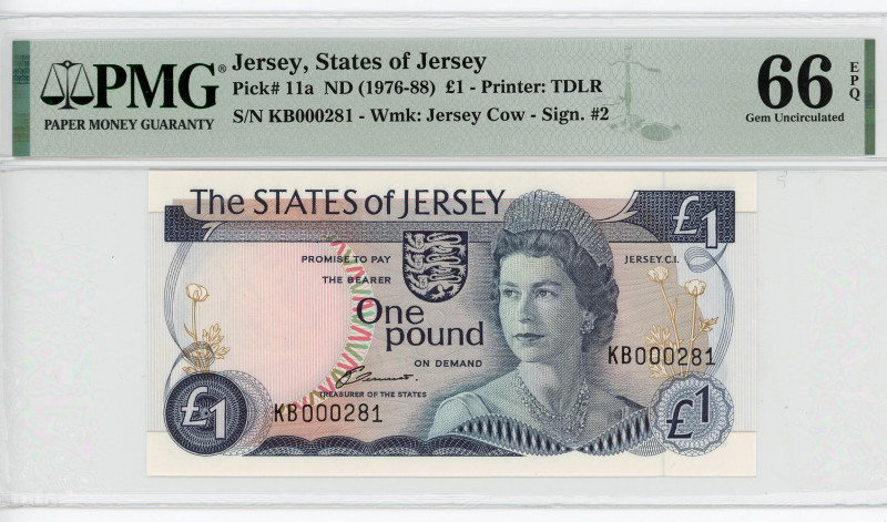 Jersey 1 Pound 1976 - 1988 (ND) PMG 66 EPQ
P# 11a, N# 205957; # KB000281; Signa...