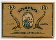 Estonia 10 Marka 1919
P# 46c, #01847674; KÜMME MARKA without border; Watermark: light horizontal lines; F-VF
