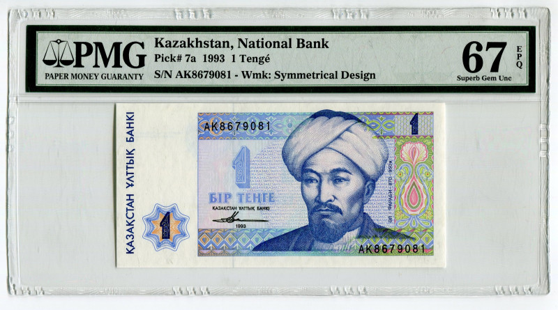 Kazakhstan 1 Tenge 1993 PMG 67EPQ
P# 7a, N# 204921; # AK8679081; UNC