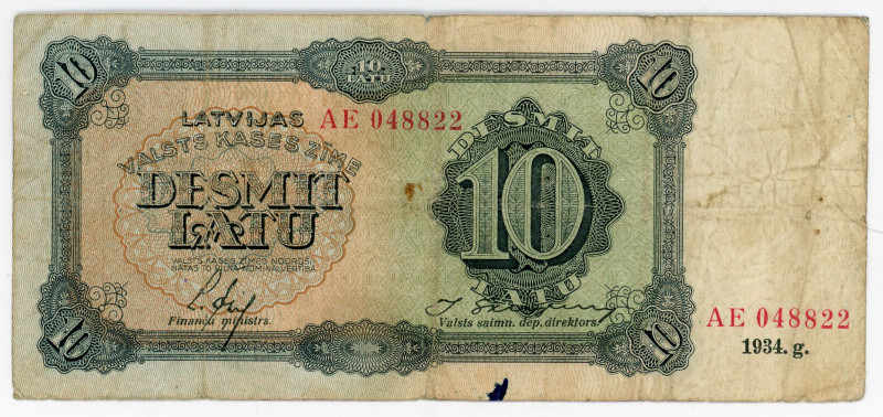 Latvia 10 Latu 1934
P# 25f, # AE 048822; F-VF