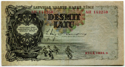 Latvia 10 Latu 1938
P# 29b, N# 204088; # AH 143250; VF
