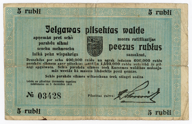 Latvia Jelgawa 5 Rublis 1918
Grabowski LE50a; # 03428; F-VF