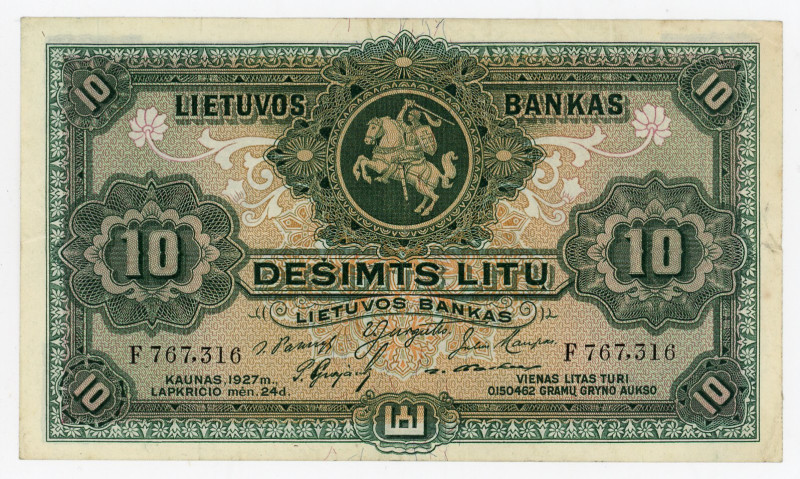 Lithuania 10 Litu 1927
P# 23, N# 226605; Ser.# F 767316; XF