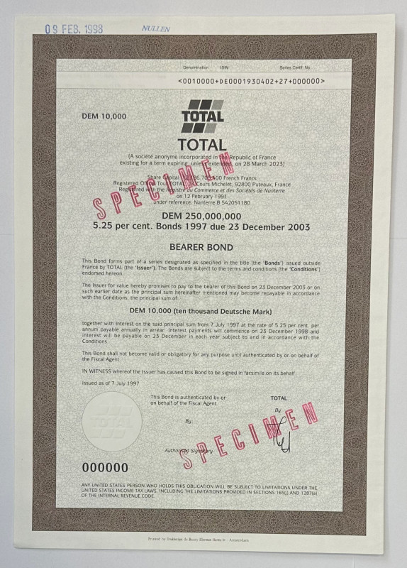 France Total SA 5.25% Bond 10000 DM 1997 Specimen
# 00000; VF