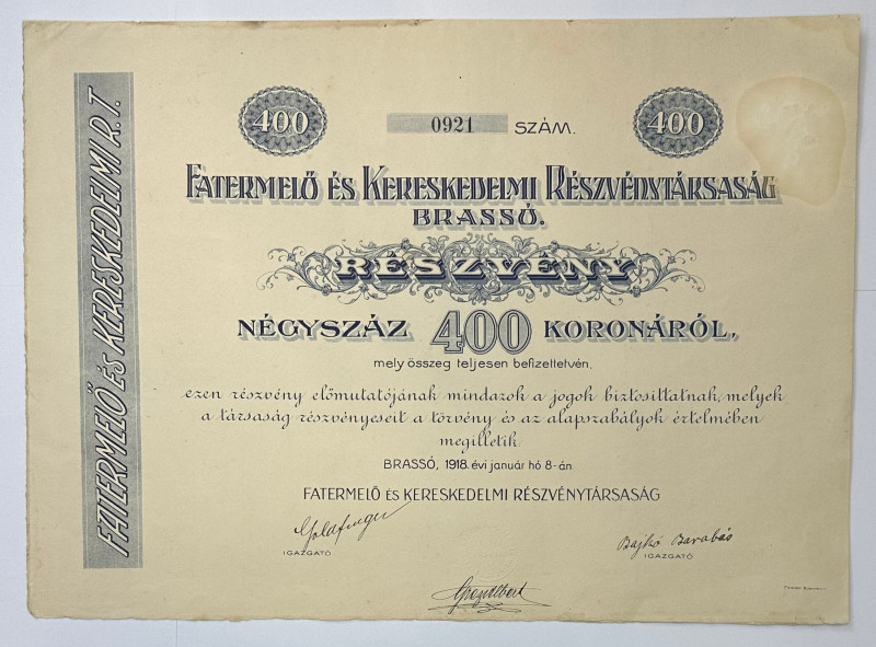 Hungary Fatermelo es Kereskedelmi Rt Brasso Share for 400 Korona 1918
Brasov (K...