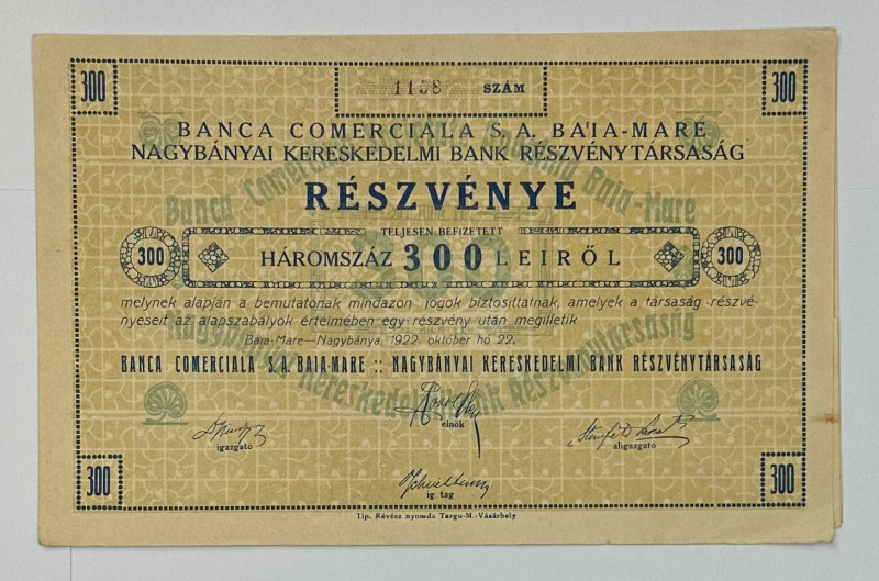 Romania Banca Comerciala S. A. Share for 300 Lei 1922
Baia Mare; Small format c...