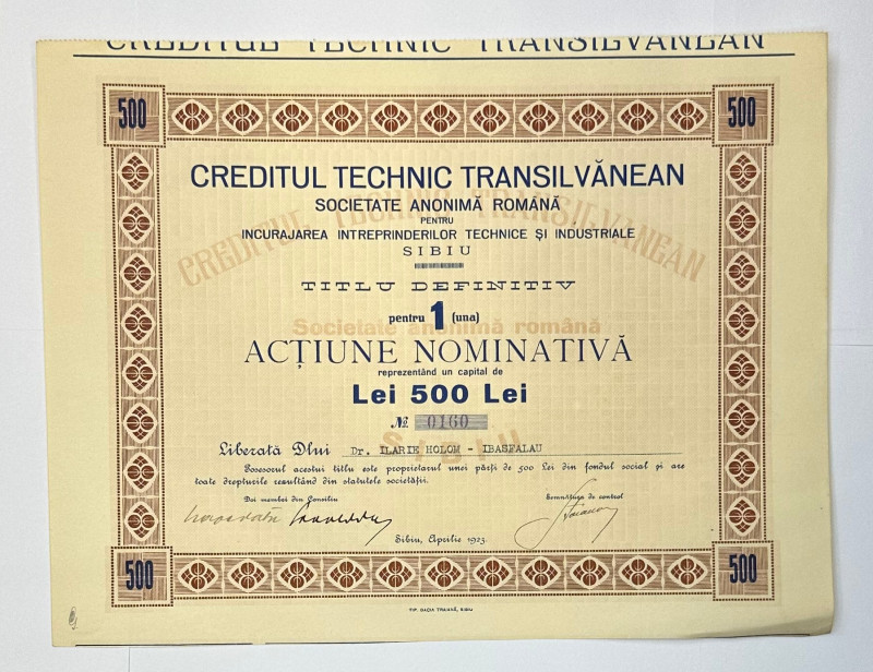 Romania Credit Tehnic Transylvanean SA Share for 500 Lei 1923
# 0160; Sibiu; Ve...