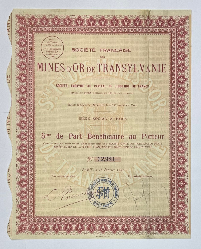 Romania Mines d'Or de Transylvanie 1/5th beneficiary share 1930
Paris; The comp...