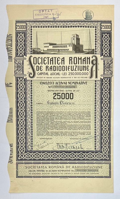 Romania Romana de Radiodifuziune 50 Shares for 25000 Lei 1943
Bucharest; Impres...