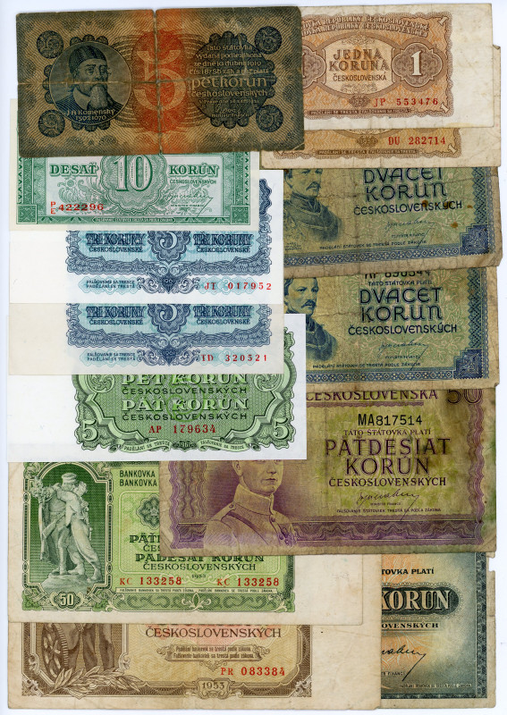 Czechoslovakia Lot of 13 Banknotes 1921 - 1961
Various Dates, Denominations & C...