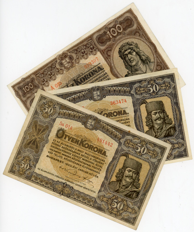 Hungary Lot of 3 Banknotes 1920
Various Denominations & Conditions; XF-AUNC