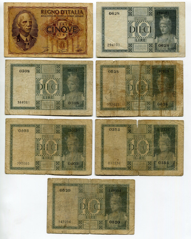 Italy Lot of 7 Banknotes 1939 - 1942
Various Dates, Denominations & Conditions;...