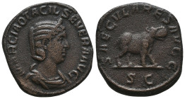 Otacilia Severa. Augusta, AD 244-249. Æ Sestertius. Secular Games issue. Rome mint, 4th officina. 9th emission of Philip I, AD 248. Draped bust right,...