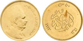 AH 1341 (1923) Egypt: Fuad I gold 50 Piastres, KM-340. (4,20 g), AU