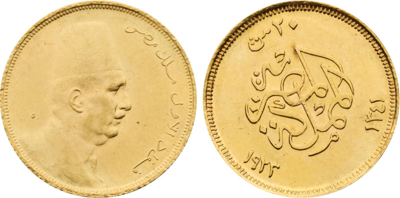 AH 1341 (1923) Egypt: Fuad I gold 20 Piastres, KM-339. (1,70 g), AU/UNC