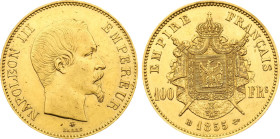 1855-BB France: Napoleon III gold 100 Francs, Strasbourg Mint, KM-786.2. (32,20 g), AU