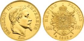 1868-A France: Napoleon III gold 100 Francs, Paris mint, KM-802.1. Mintage: 2,315. (32,20 g), UNC